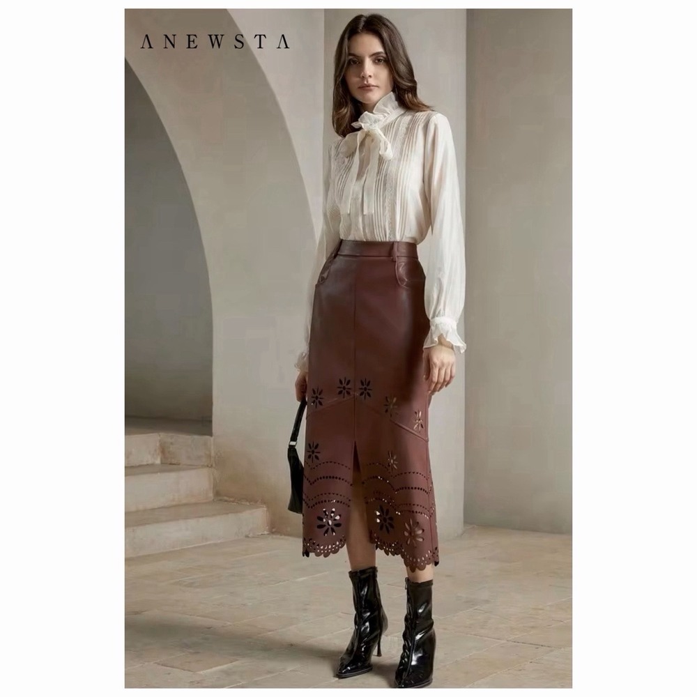 NWT Brown Faux Leather Midi Skirt Sz L Floral Laser Cut Scalloped Western Boho